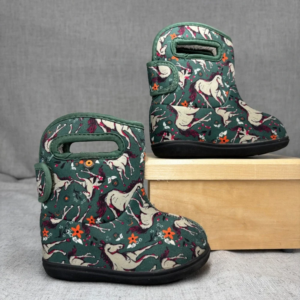 Bogs Baby Boots Green Unicorn Floral Waterproof Insulated Snow Rain Boots Size 6